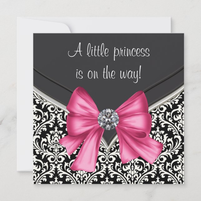 Elegant Rosa Black Damask Princess Baby Shower Inbjudningar (Framsida)