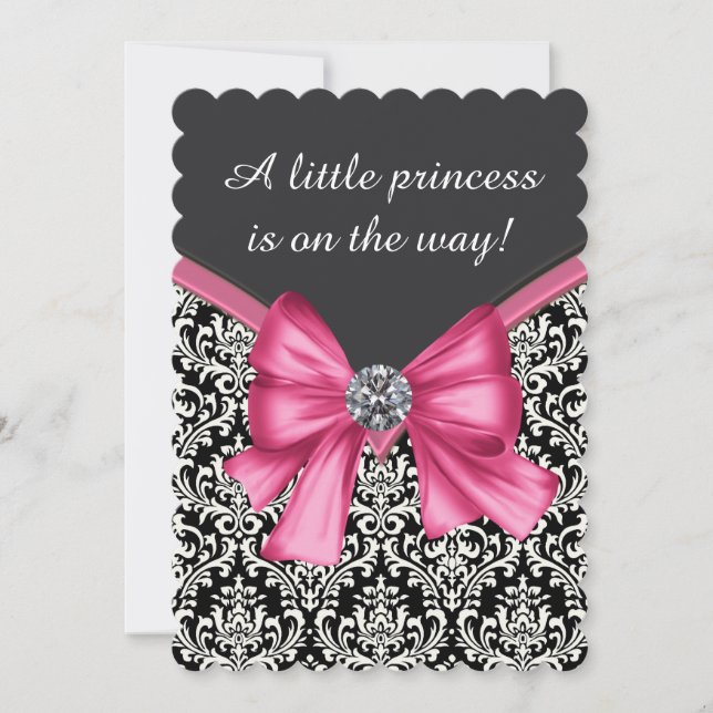Elegant Rosa Black Damask Princess Baby Shower Inbjudningar (Framsida)
