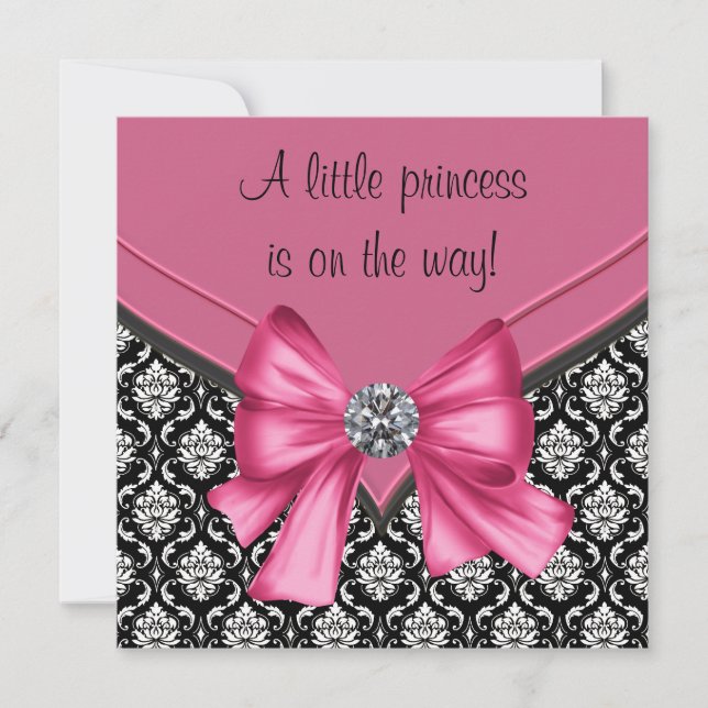 Elegant Rosa Black Damask Princess Baby Shower Inbjudningar (Framsida)