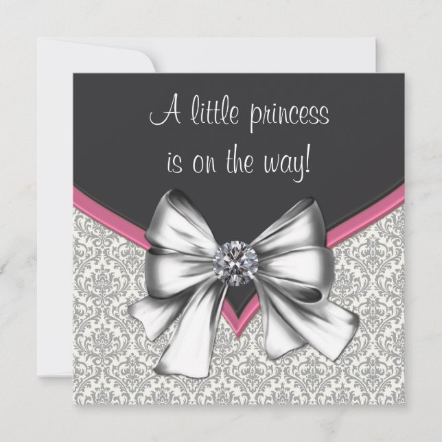 Elegant Rosa Black Damask Princess Baby Shower Inbjudningar (Framsida)