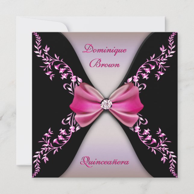 Elegant Rosa Black Diamond Bow Quinceanera Inbjudningar (Framsida)