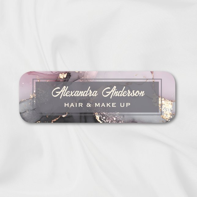 Elegant Rosa Black Guld Glitter Agate Abstrakt Namnbricka (Elegant Pink Black Gold Glitter Agate Abstract Name Tag)