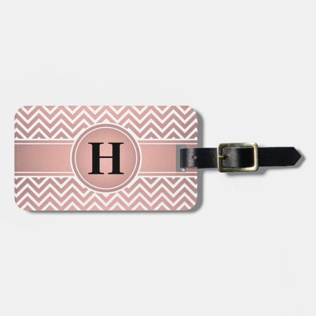 Elegant Rosa & Black Monogrammed Ro Guld Chevron Bagagebricka (Horisontell Framsida)