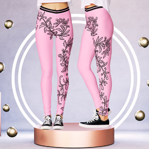 Elegant Rosa & Black Victorian Blommigt Snöre Clas Leggings