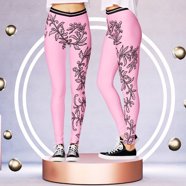 Elegant Rosa & Black Victorian Blommigt Snöre Clas Leggings (Skapare uppladdad)