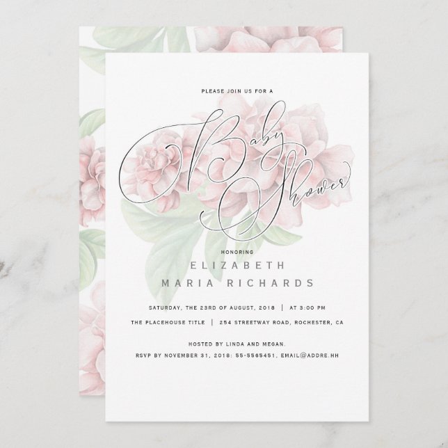 Elegant rosa blom- typografibaby shower inbjudningar (Fram/baksida)