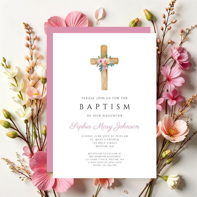 Elegant rosa blomkrans dopkors inbjudningar (Elegant Pink Floral Cross Baptism Invitation)