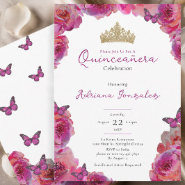 Elegant rosa blomkrona Quinceanera Inbjudningar
