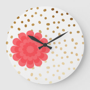 elegant rosa blomma guld polka dots mönster stor klocka