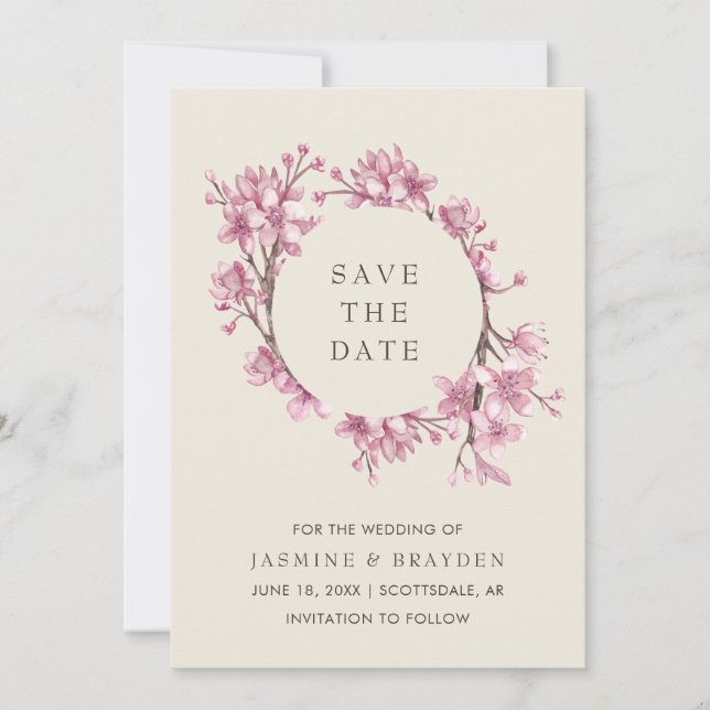 Elegant Rosa Blommande Körsbärsblom Wedding Spara Datumet (Framsida)