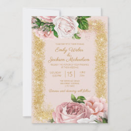 Elegant rosa blommande rosor guld glitter bröllop inbjudningar