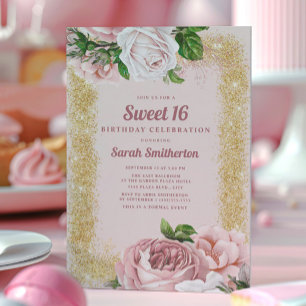 Elegant rosa blommande rosor guld glitter Sweet 16 Inbjudningar