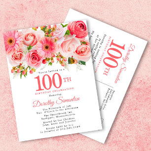 Elegant Rosa Blommig 100-årsdag Inbjudan Vykort
