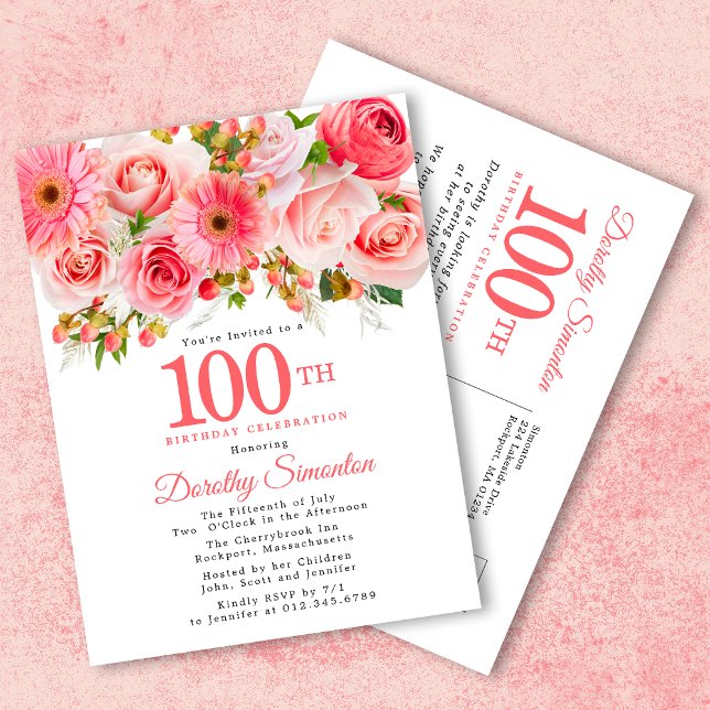 Elegant Rosa Blommig 100-årsdag Inbjudan Vykort (Skapare uppladdad)