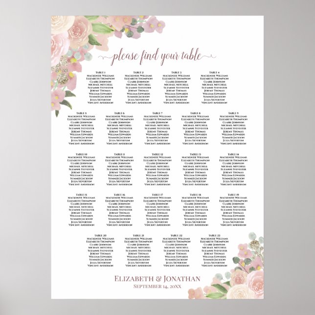 Elegant Rosa Blommig 23 Bord Bröllopsplatskarta Poster (Framsidan)
