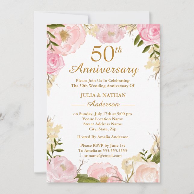Elegant Rosa Blommig 50-års Bröllopsjubileum Inbjudningar (Framsida)