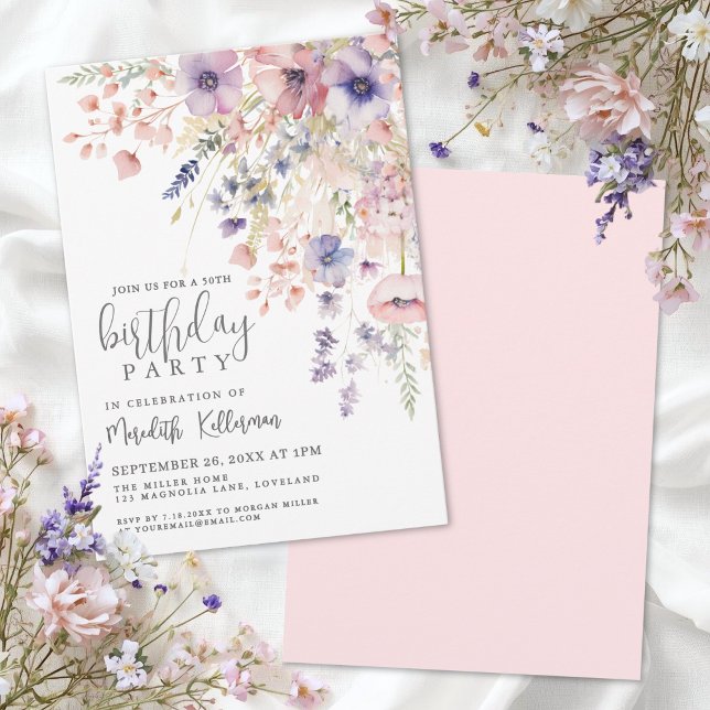 Elegant Rosa Blommig 50-års Födelsedagsfest Inbjudningar (Elegant Pink Floral 50th Birthday Party Invitation )