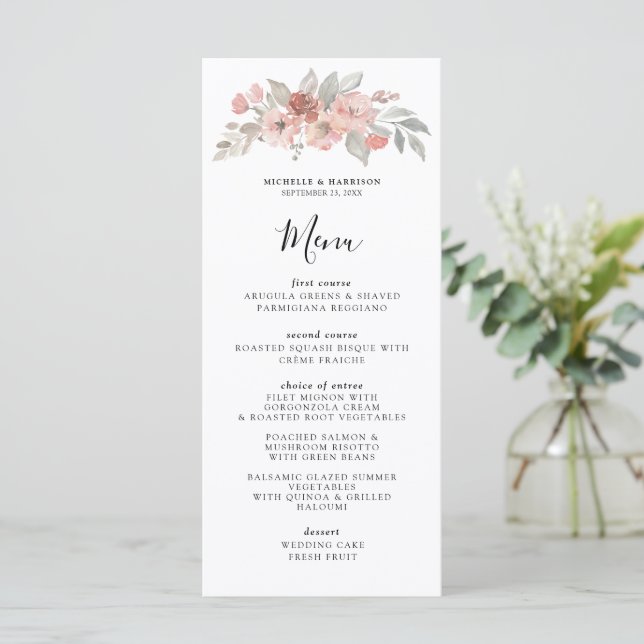 Elegant Rosa Blommig Akvarell Bröllop Meny (Stående Fram)