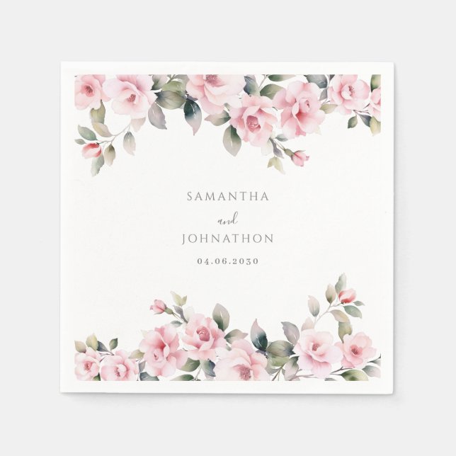 Elegant Rosa Blommig Akvarell Bröllop  Pappersservett (Framsidan)