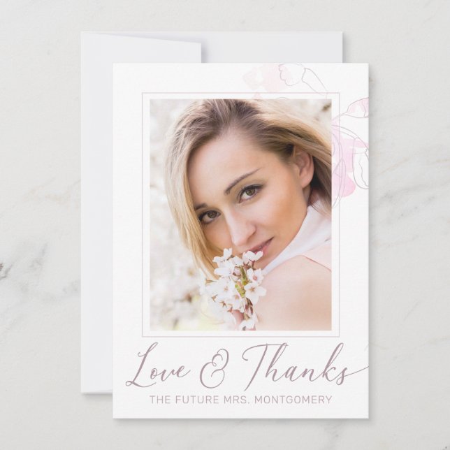 Elegant Rosa Blommig Akvarell Foto Bröllopsfest Tack Kort (Framsida)