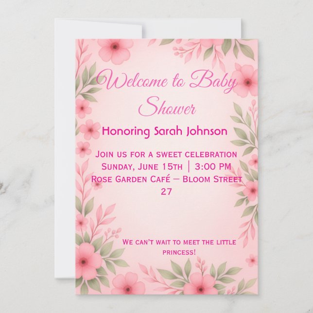 Elegant rosa blommig baby shower-inbjudan spara datumet (Framsida)