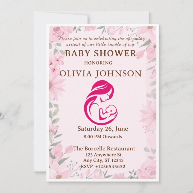 Elegant rosa blommig baby shower inbjudningskort (Framsida)