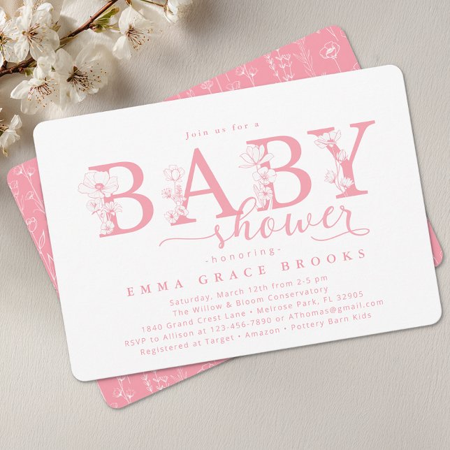 Elegant Rosa Blommig Baby Shower Typografi Inbjudningar (Pink Floral Baby Shower Invite)