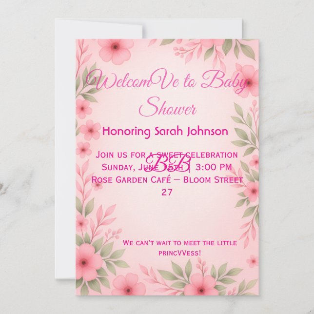 Elegant Rosa Blommig Bebis Shower Inbjudan (Framsida)