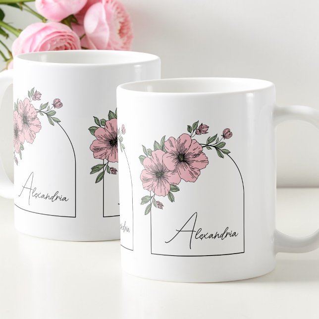 Elegant Rosa Blommig Botanisk Båge Svart Skrift Kaffemugg (Elegant Pink Floral Botanical Arch Black Script Coffee Mug)