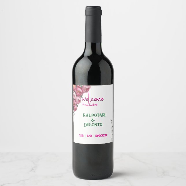 Elegant Rosa Blommig Bröllop Välkomstskylt  Vinflaska Etikett (Framsida)