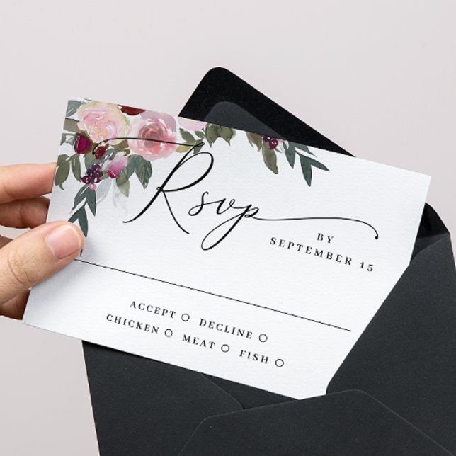 Elegant Rosa Blommig Bröllop | Vattenfärgsklassike OSA Kort (Skapare uppladdad)