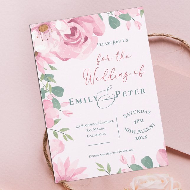 Elegant Rosa Blommig Bröllopsinbjudan (Elegant Blush Pink Florals Wedding Invitation)