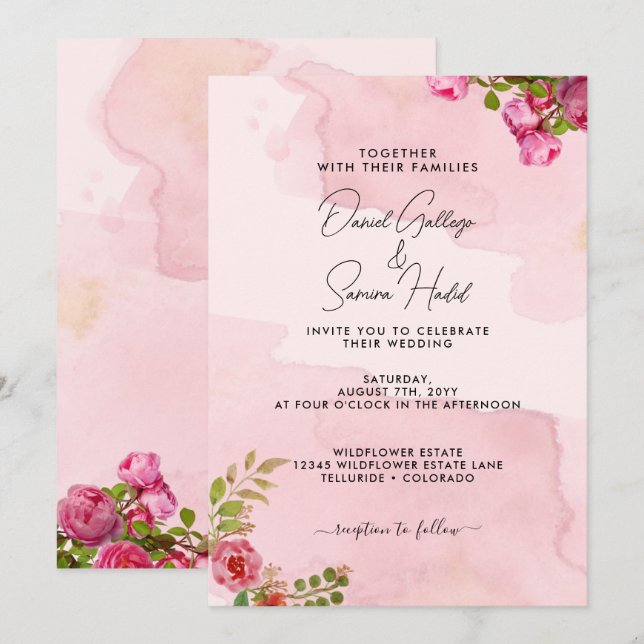 Elegant Rosa Blommig Bröllopsinbjudan Inbjudningar (Fram/baksida)