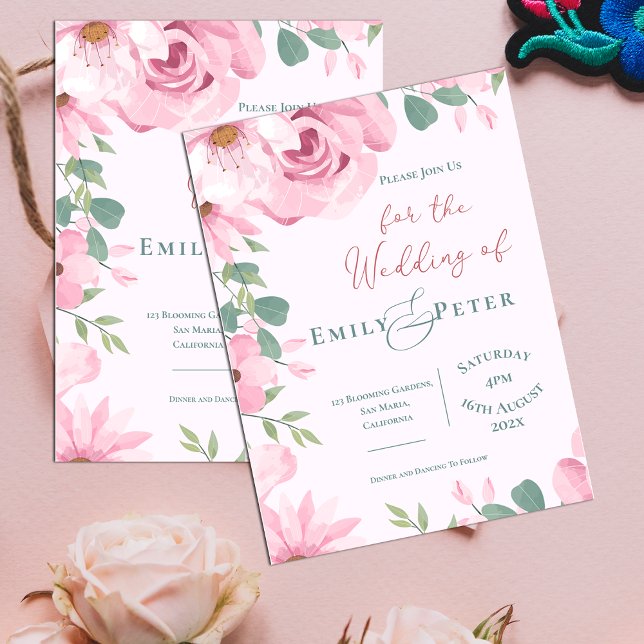  Elegant Rosa Blommig Bröllopsinbjudan  Vykort (Elegant Blush Pink Florals Wedding Invitation Postcard)