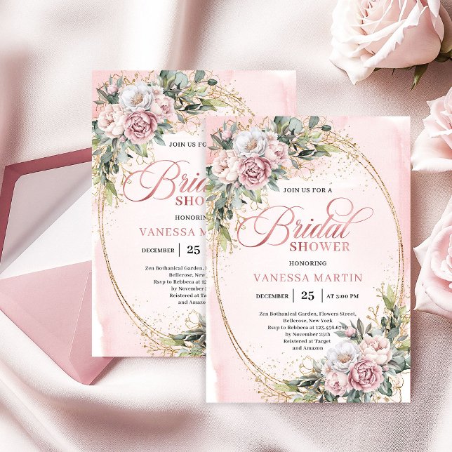 Elegant Rosa Blommig Eucalyptus Bröllopsfest Inbjudningar (Chic Powder Pink Floral Eucalyptus Bridal Shower)