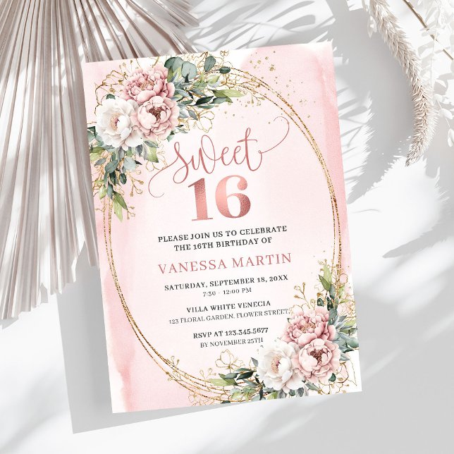 Elegant Rosa Blommig Eucalyptus Sweet 16 Inbjudan (Chic Blush Pink Floral Eucalyptus Sweet 16 Invitation)