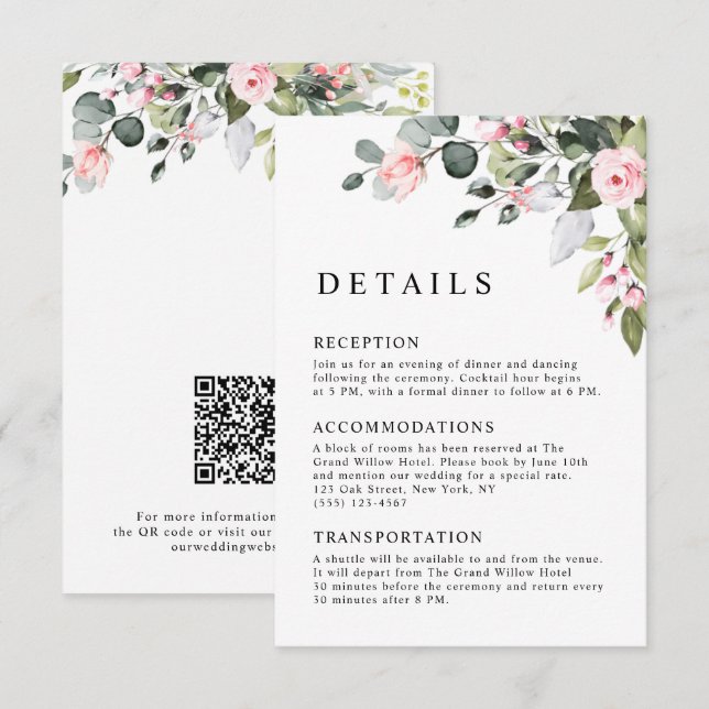 Elegant Rosa Blommig Eukalyptus QR-kod Bröllop Tilläggskort (Fram/baksida)