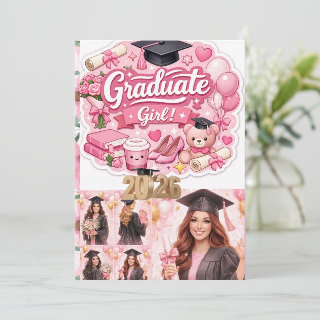 Elegant Rosa Blommig Examenfest Banner Julkort (Stående Fram)
