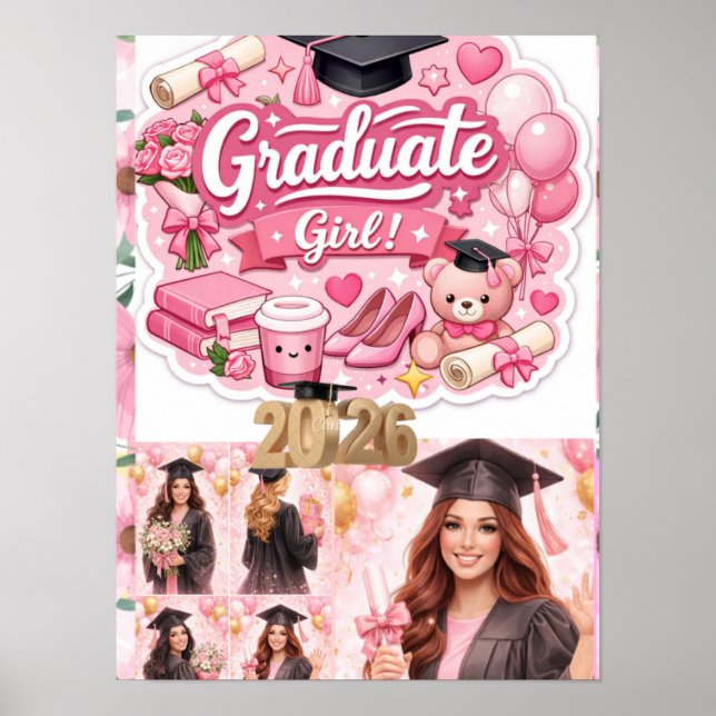 Elegant rosa blommig examensfest banner poster (Framsidan)