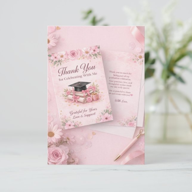 Elegant Rosa Blommig Examenstårt Kackacke bil Tack Kort (Stående Fram)
