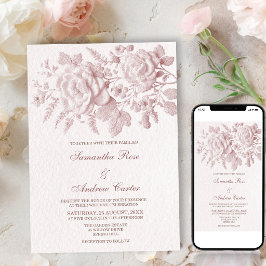 Elegant Rosa Blommig Fals Präglad Bröllopsinbjudan Inbjudningar
