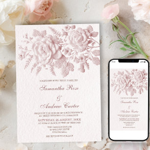 Elegant Rosa Blommig Fals Präglad Bröllopsinbjudan Inbjudningar