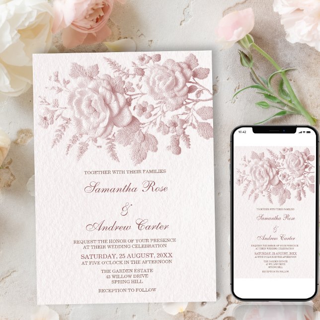 Elegant Rosa Blommig Fals Präglad Bröllopsinbjudan Inbjudningar (Skapare uppladdad)