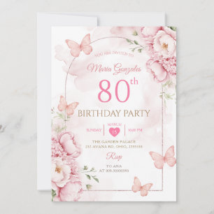 Elegant Rosa Blommig Fjäril 80-årsdag Inbjudningar