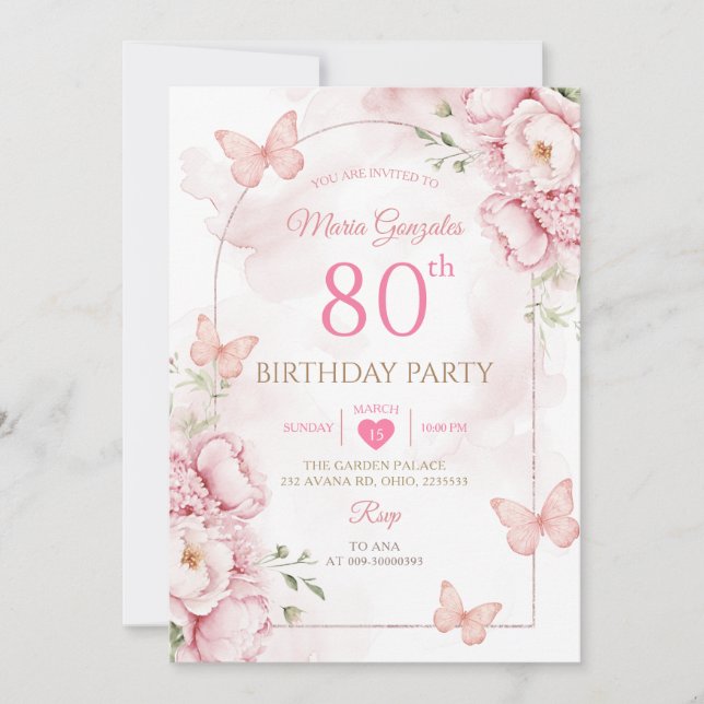 Elegant Rosa Blommig Fjäril 80-årsdag Inbjudningar (Framsida)