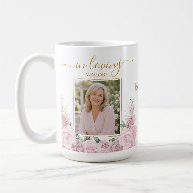 Elegant Rosa Blommig Foto Begravning Minneshögtid Kaffemugg (Vänster)