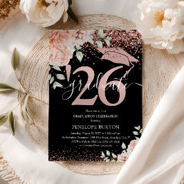 Elegant Rosa Blommig & Glitter Examenstårtaj Inbjudningar