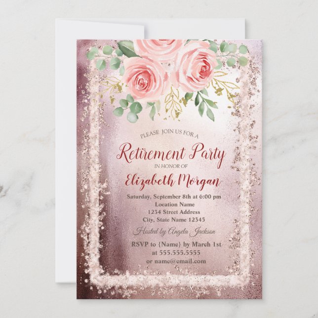 Elegant rosa blommig glitterram pension inbjudningar (Framsida)