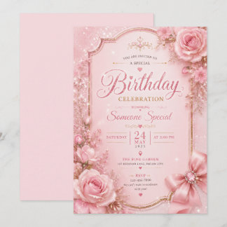 Elegant rosa blommig gnistrande födelsedagsinbjuda inbjudningar