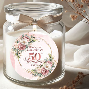 Elegant Rosa Blommig Grönska 50-års Födelsedags Et Runt Klistermärke
